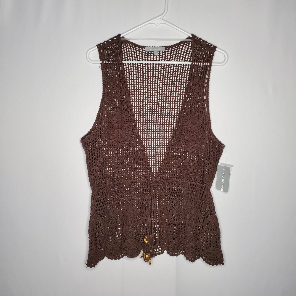 NY Collection Crochet Vest Overlay Women Medium Brown Vtg Open Knit Forest